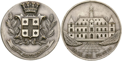 Франция медаль ND ратуша Пантина, диаметр 34 мм, вес 13,7 гр посеребренная латунь 08-411