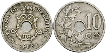 БЕЛЬГИЯ 10 САНТИМОВ 1905 BELGIQUE KM 52 медно-никель 540-249