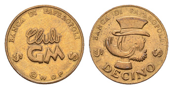 Италия детский игровой жетон - 1 decino Banca di Paperopoli, Walt Disney, Голова Скруджа Макдака, диаметр 19 мм, вес 2,6 гр медь 4669-268