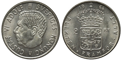 Швеция 2 кроны 1964 U, Густав VI Адольф (1950-1973) KM 827 серебро 00-00