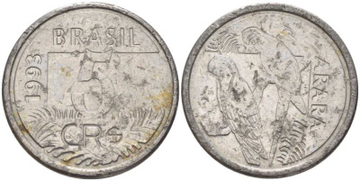 БРАЗИЛИЯ 5 КРУЗЕЙРО РЕАЛ 1993 РЕФОРМА 1993-1994, ПОПУГАИ АРА KM 627 нержавеющая сталь 4388-247