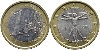 Италия 1 евро 2002 Витрувианский человек KM 216 биметалл 4391-133