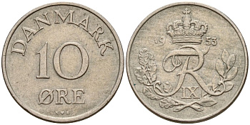 Дания 10 эре 1953 N; S, Фредерик IX (1947-1972) KM 841.1 медно-никель 4152-467