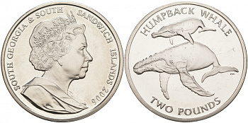 Южная Георгия и Южные Сандвичевы Острова 2 фунта 2006 горбатый кит KM 24 медно-никель UNC 4537-632