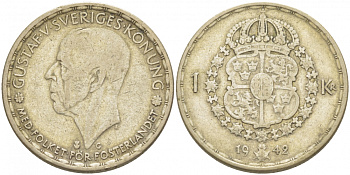 Швеция 1 крона 1942 G, Густав V (1907-1950) KM 814 серебро 4402-341