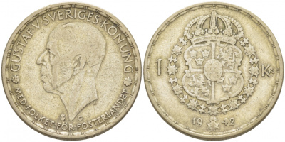 Швеция 1 крона 1942 G, Густав V (1907-1950) KM 814 серебро 4402-341