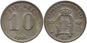 Швеция 10 эре 1904 EB, Оскар II (1872-1907) король Швеции и Норвегии KM 755 серебро 1530-545