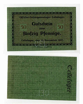 Германия 50 пфеннигов 1917 Ганновер, Целле, лагерь военнопленных офицеров, перфорация CEL C-2797 бумага UNC (пресс) 504-30-3-2