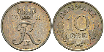 Дания 10 эре 1961 Фредерик IX (1947-1972) KM 849.1 медно-никель 4576-1026