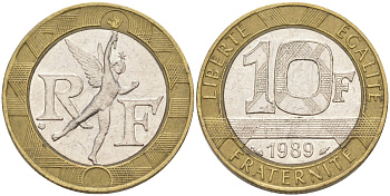Франция 10 франков 1989 тип гений Бастилии KM 964.1, Le Franc 375.3 биметалл 4395-1022