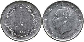 Турция 1 лира 1974 Мустафа Кемаль Ататюрк KM 889а.2 нержавеющая сталь 4178-924