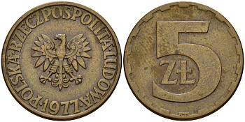 Польша 5 злотых 1977 монетный двор Ленинград (ЛМД) KM 81.1, Parchimowicz 221c латунь 4161-1113