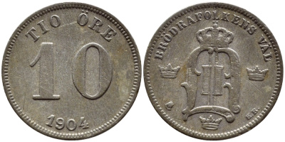 Швеция 10 эре 1904 EB, Оскар II (1872-1907) король Швеции и Норвегии KM 755 серебро 1530-545