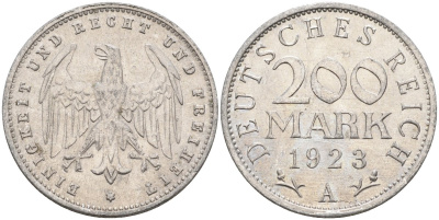 Германия 200 марок 1923 A KM 35, J. 304, Weege 22 алюминий UNC 4586-233