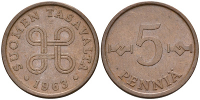 Финляндия 5 пенни 1963 KM 45 медь 4588-759