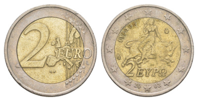 Греция 2 евро 2002 похищение европы KM 188 биметалл 4629-437