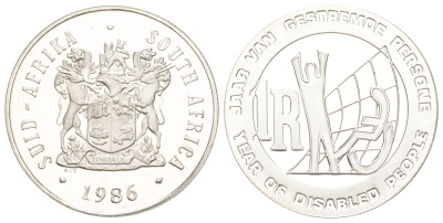 ЮАР 1 ранд 1986 Международный год инвалидов, тираж 5.150 экземпляров KM 120 серебро PROOF 441-1423