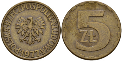 Польша 5 злотых 1977 монетный двор Ленинград (ЛМД) KM 81.1, Parchimowicz 221c латунь 4161-1113