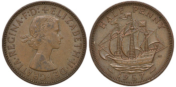 Великобритания 1/2 пенни 1957 Елизавета II (1952-2022) KM 896, Spink 4158 бронза 4163-612