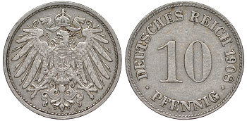 ГЕРМАНИЯ 10 ПФЕННИГОВ 1908 D KM 12, J. 13 медно-никель 45-1236