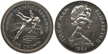 Остров Мэн 1 крона 1984 Зимние Олимпийские игры 1984 года в Сараево, парное фигурное катание KM 117 медно-никель UNC 1078-4-23