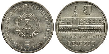 ГДР 5 марок 1984 А, Лейпциг, старая ратуша KM 96 медно-никель UNC 413-4112