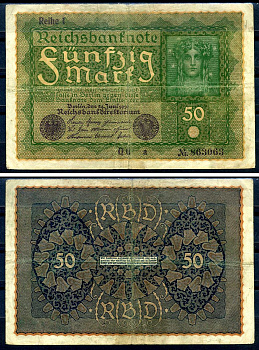 Германия 50 марок 1919 24 июня 1919, reihe I, серия QG, выпуск с ноября 1919 года Pick 66 (1), Rosenberg 62аа бумага 8619-27-1-2