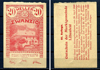 Лилиенфельд (Австрия) 20 геллеров 1920 Jaksc/Pick?JPR0523Ia-20 бумага aUNC 7556-35-3-2