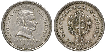 Уругвай 25 сентесимо 1960 KM 40 медно-никель 4169-914