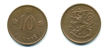 Финляндия 10 пенни 1919 KM 24 медь 41-943