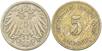 ГЕРМАНИЯ 5 ПФЕННИГОВ 1900 A KM 11, J. 12, Weege 6 медно-никель 206-924