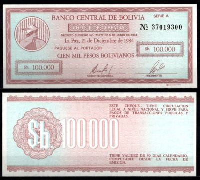 Боливия 100000 песо 1984 Pick 188 бумага UNC (пресс) 6280-55-4-2