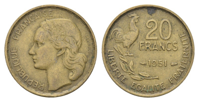 Франция 20 франков 1951  KM 917.1 алюминиевая бронза    4660-314