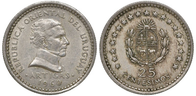 Уругвай 25 сентесимо 1960 KM 40 медно-никель 4169-914