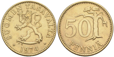 ФИНЛЯНДИЯ 50 ПЕННИ 1974 S KM 48 алюминиевая бронза 4563-427