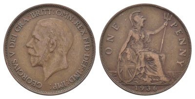 Великобритания 1 пенни 1936 Георг V (1910-1936) KM 838, Spink 4055 бронза 4661-745