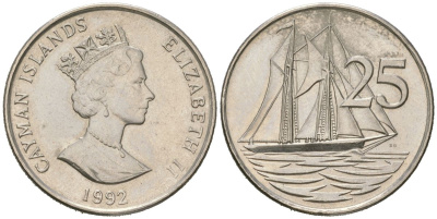 Каймановы острова 25 центов 1992 KM 90a сталь плакированная никелем aUNC 4620-113