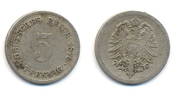 ГЕРМАНИЯ 5 ПФЕННИГОВ 1876 G, СТАРОГЕРБОВКА KM 3, J.3 медно-никель 35-1157