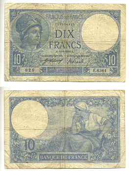 ФРАНЦИЯ 10 ФРАНКОВ 1918 12 АВГУСТА 1918 Pick 73a бумага 3295-10-3