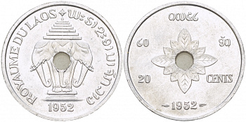 Лаос 20 центов 1952 король Сисаванг Вонг (1904-1959), слоны KM 5 алюминий UNC 3457-522