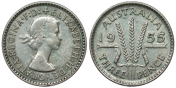 Австралия 3 пенса 1955 m, Елизавета II (1952-2022) KM 57 серебро 71-434
