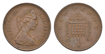 Великобритания 1 пенни 1971 Елизавета II (1952-2022) KM 915, Spink 4237 (B1) бронза 4674-427