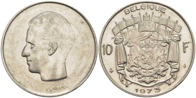Бельгия 10 франков 1973 Belgique, Бодуэн I (1951-1993) KM 155.1 никель 38-645