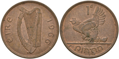 Ирландия 1 пенни 1966 курица с цыплятами KM 11 бронза 4144-1124