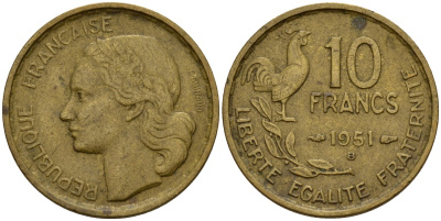 Франция 10 франков 1951 B, петух KM 915.2, Le Franc 363.5 алюминиевая бронза 4159-921