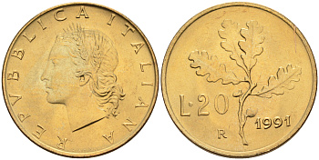 Италия 20 лир 1991 R, дубовый лист KM 97.2 алюминиевая бронза  UNC  4594-826