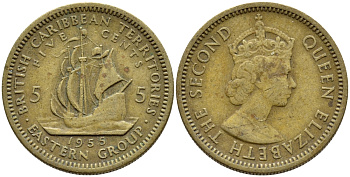 Британские Восточно-Карибские территории 5 центов 1955 Елизавета II (1952-2022), парусник KM 4 никель латунь 89-1532