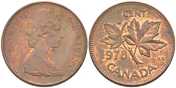 Канада 1 цент 1978 Елизавета II (1952-2022), кленовый лист KM 59.1 бронза 4181-1255
