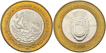 Мексика 100 песо 2005 180 лет Федерации - Герреро KM 716 биметалл, серебро BU 00-1067-8-61