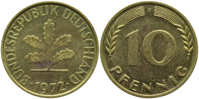 ФРГ 10 ПФЕННИГОВ 1972 F KM 108, J.383 сталь плакированная латунью 98-443